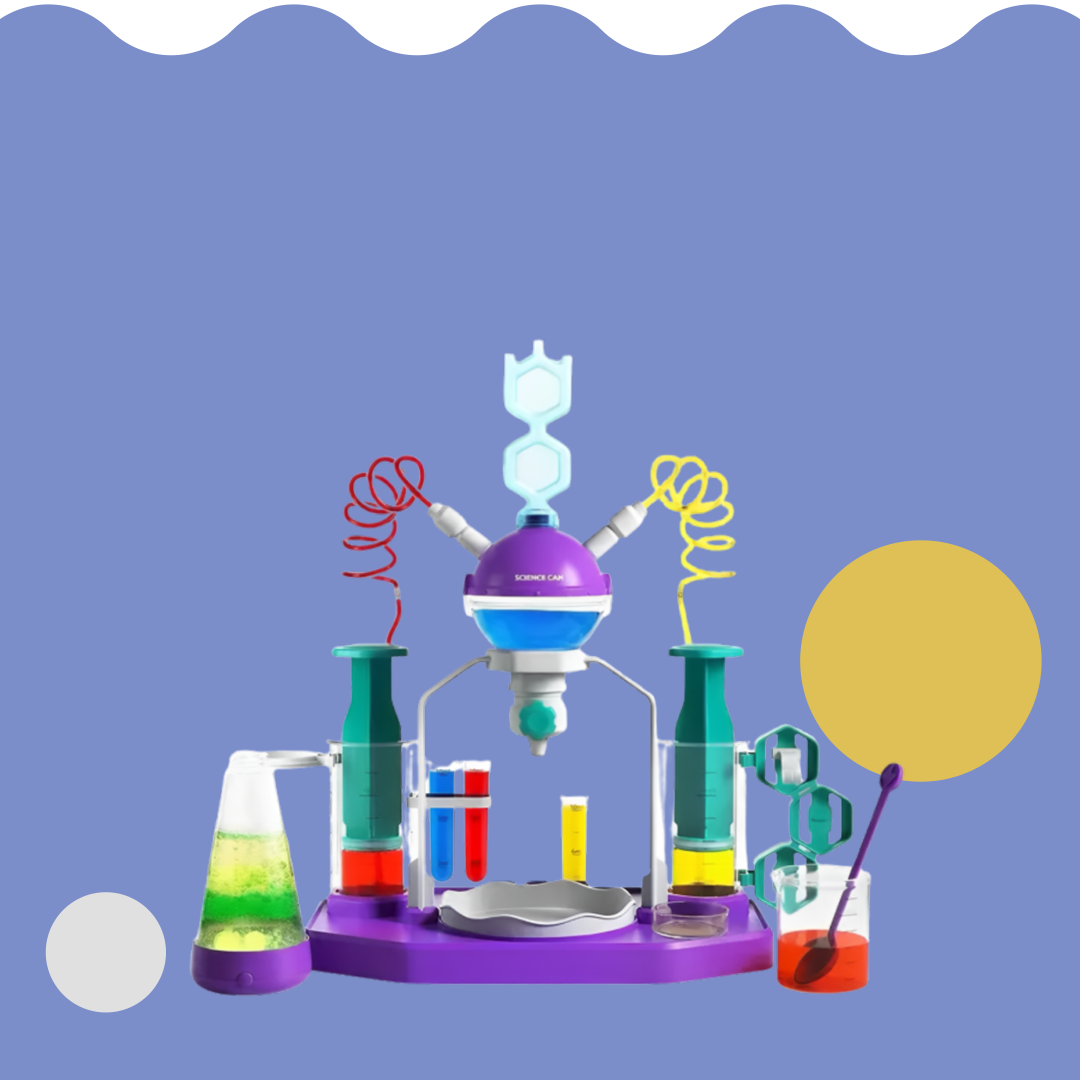 Colorful science experiment set on a blue background