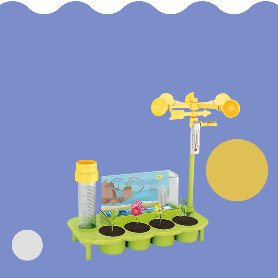 Children's science experiment kit with plants, water tank, and weather station on a blue background