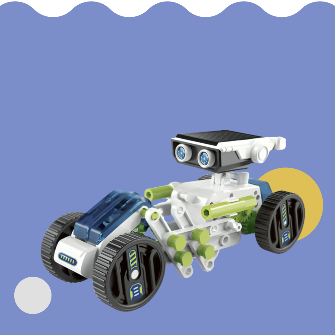 Toy robot with wheels on a blue background